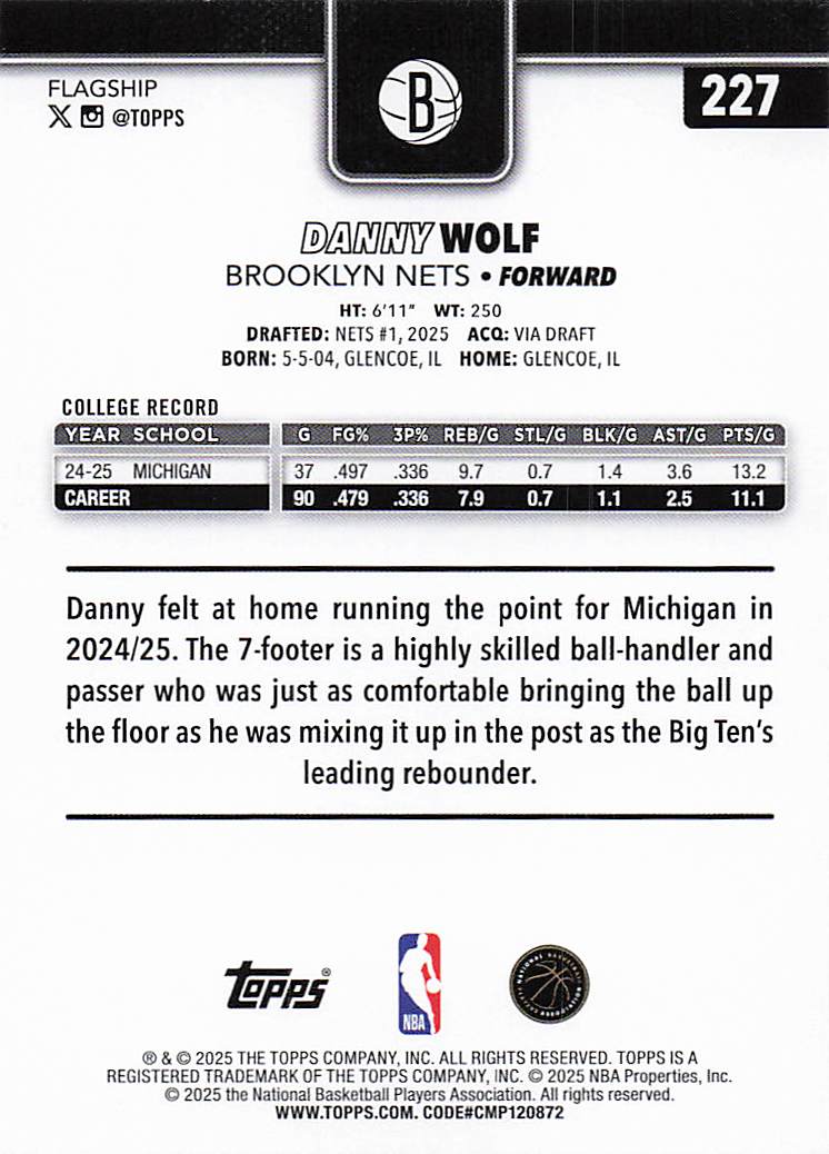 2025-26 Topps Basketball Danny Wolf #227 Rookie