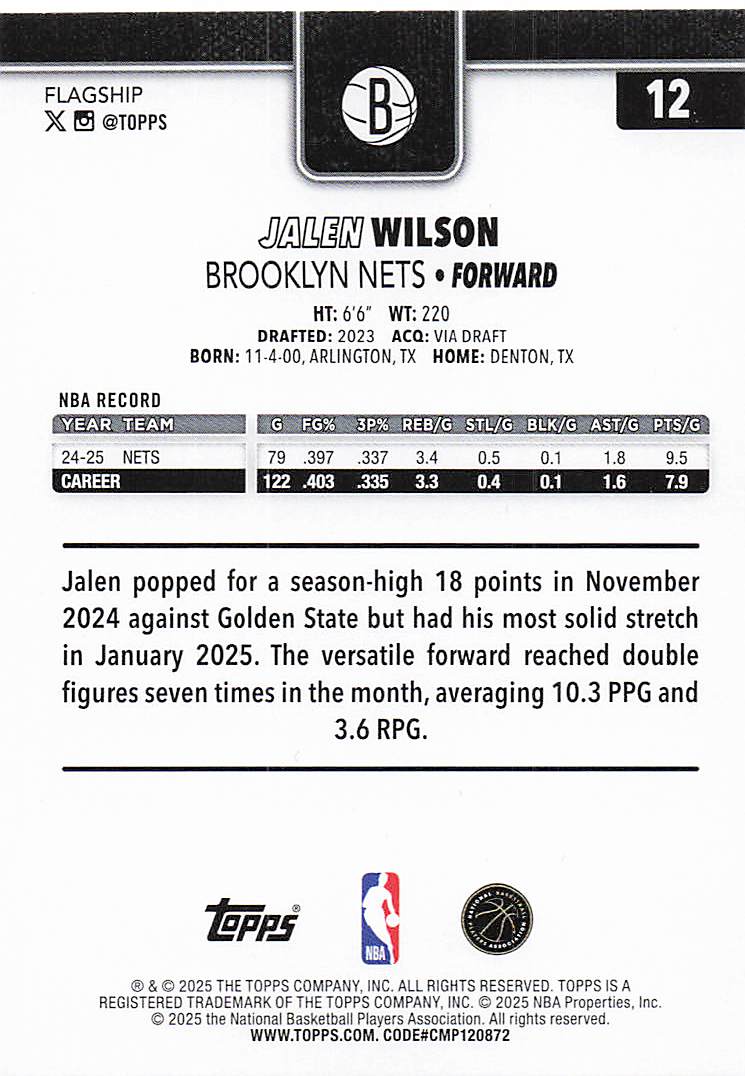 2025-26 Topps Basketball Jalen Wilson #12