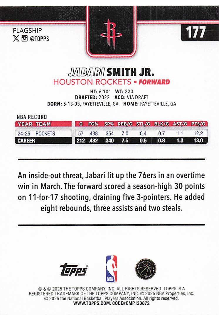 2025-26 Topps Basketball Jabari Smith Jr. #177