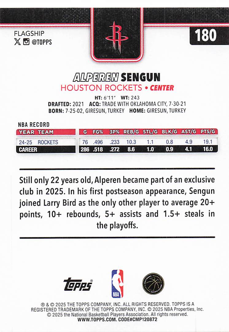 2025-26 Topps Basketball Alperen Sengun #180