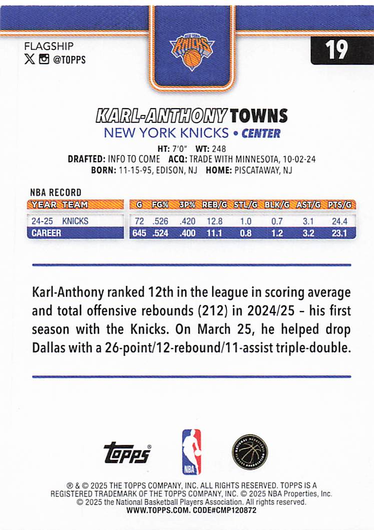 2025-26 Topps Basketball Karl-Anthony Towns #19