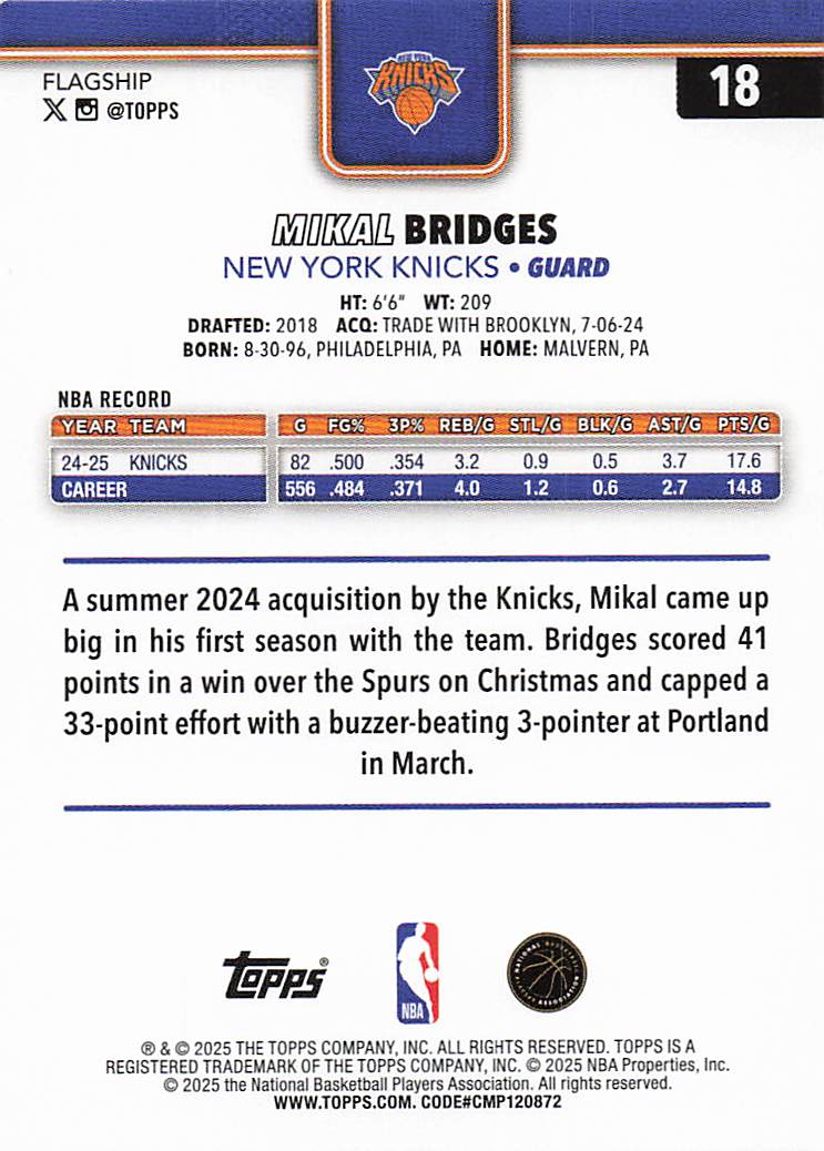 2025-26 Topps Basketball Mikal Bridges #18