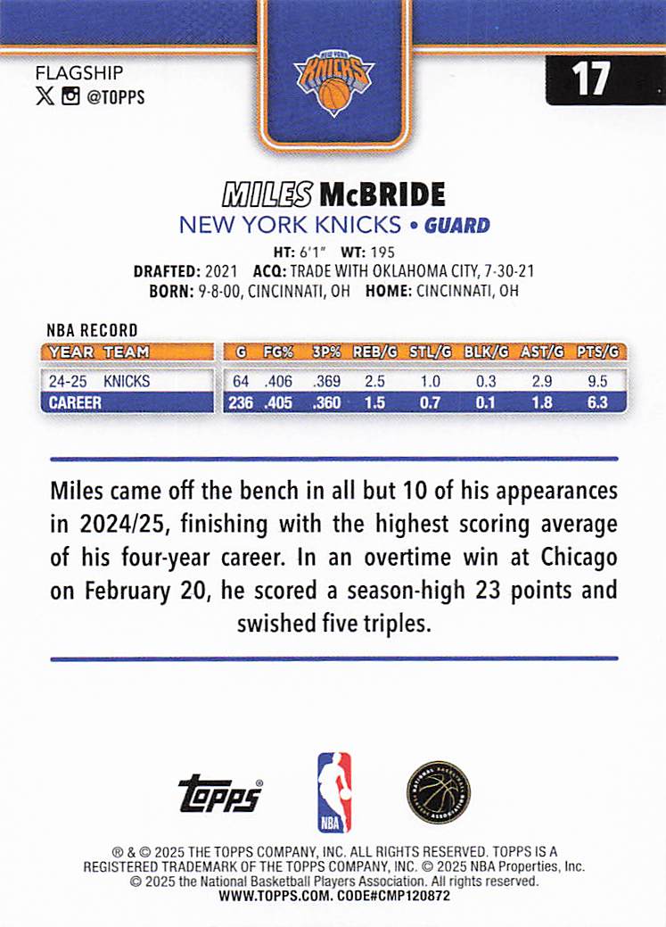 2025-26 Topps Basketball Miles McBride #17