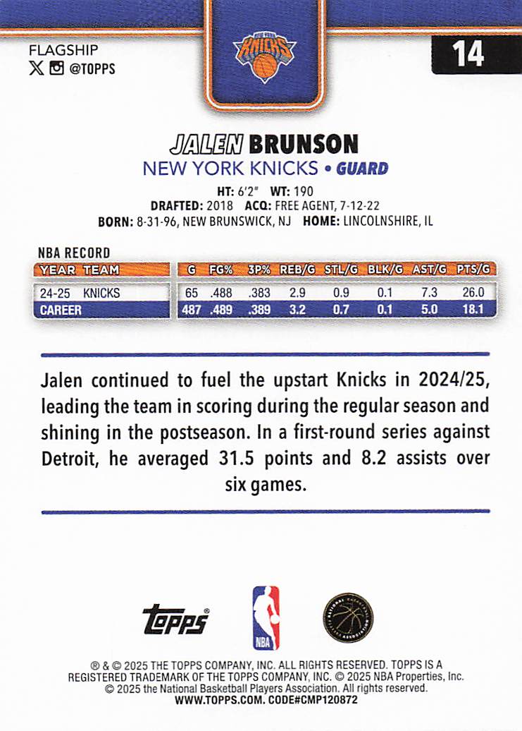 2025-26 Topps Basketball Jalen Brunson #14