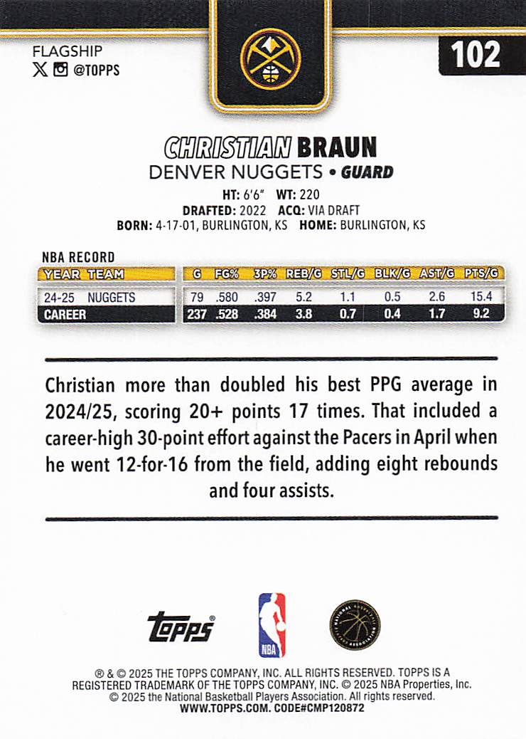 2025-26 Topps Basketball Christian Braun #102