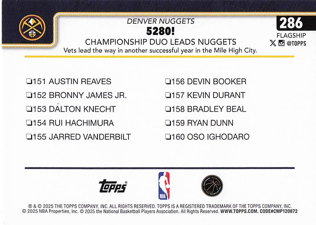 2025-26 Topps Basketball 5280!: Championship Duo Leads Nuggets #286