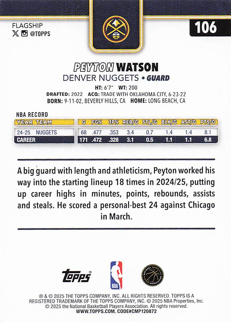 2025-26 Topps Basketball Peyton Watson #106