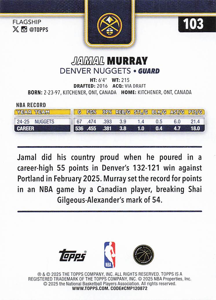 2025-26 Topps Basketball Jamal Murray #103