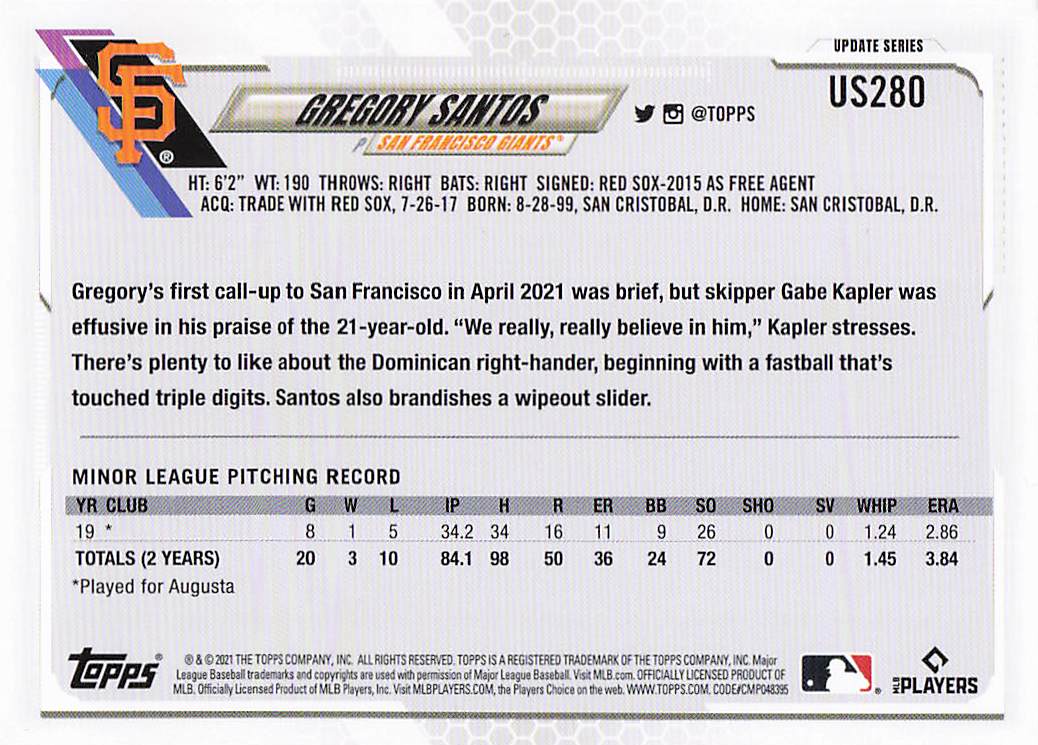 2021 Topps Update Baseball Gregory Santos #US280 Rookie