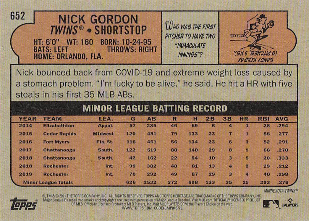 2021 Topps Heritage Baseball Nick Gordon #652 Rookie
