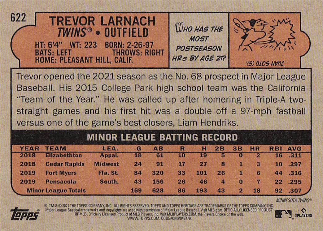 2021 Topps Heritage Baseball Trevor Larnach #622 Rookie