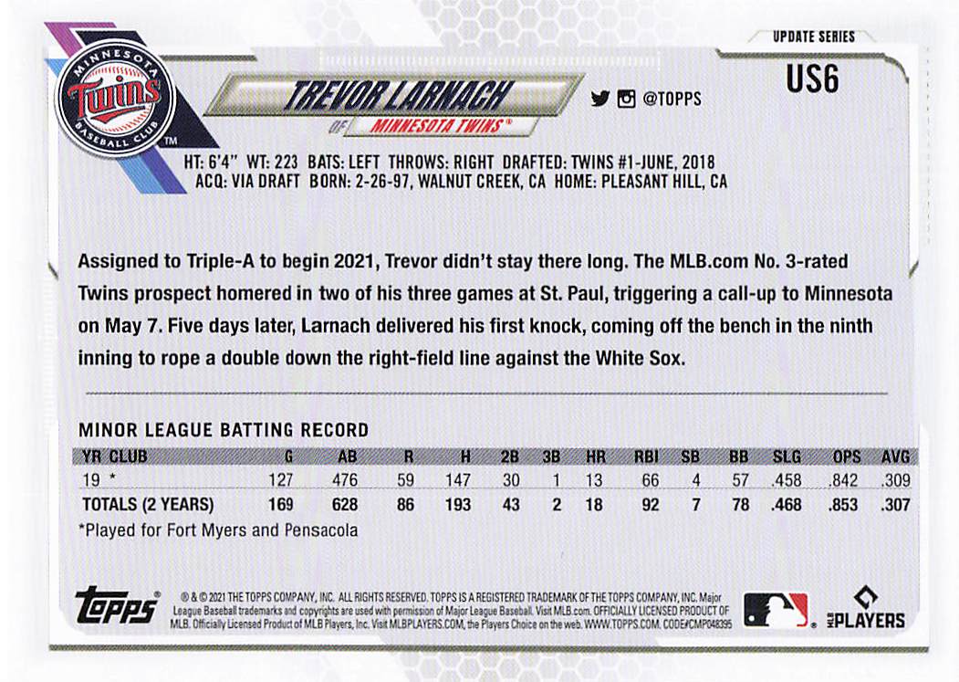 2021 Topps Update Baseball Trevor Larnach #US6 Rookie