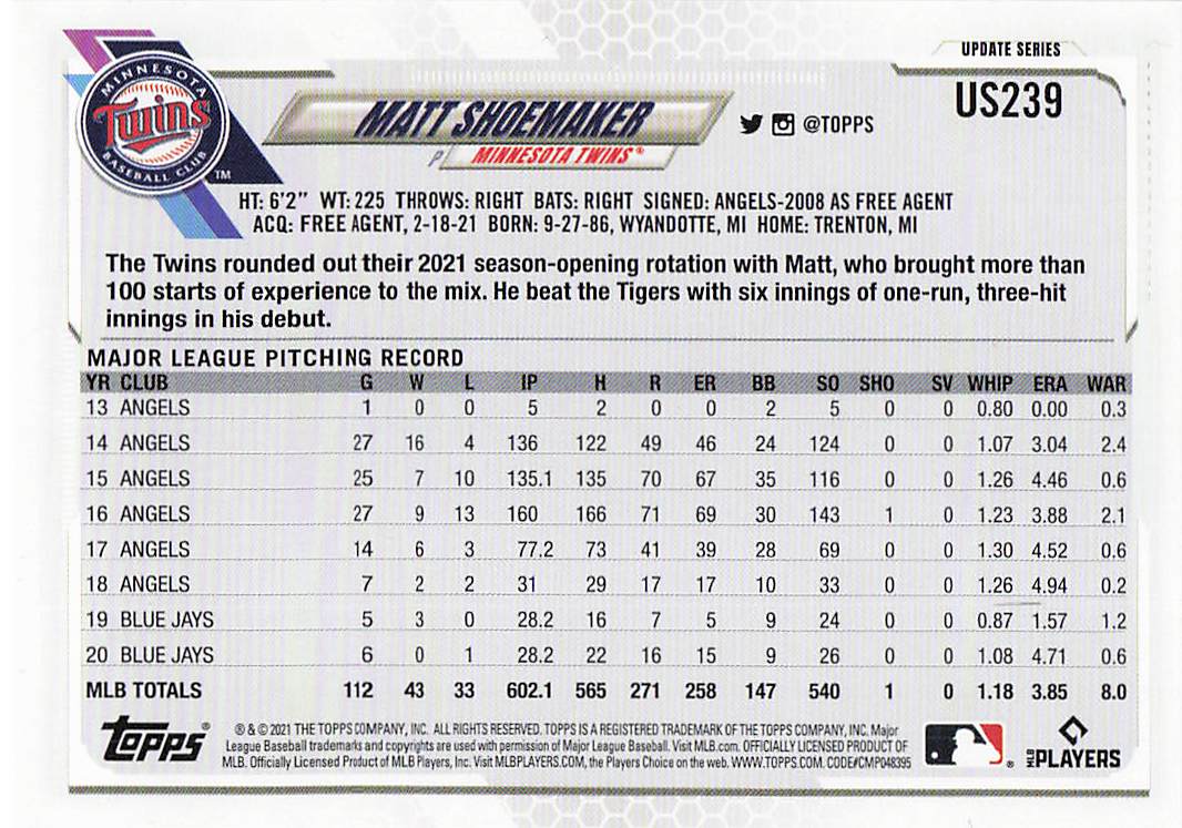 2021 Topps Update Baseball Matt Shoemaker #US239
