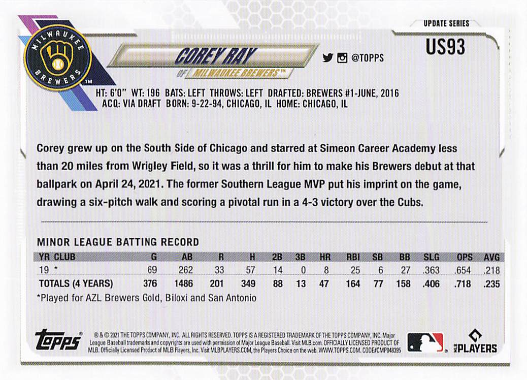 2021 Topps Update Baseball Corey Ray #US93 Rookie