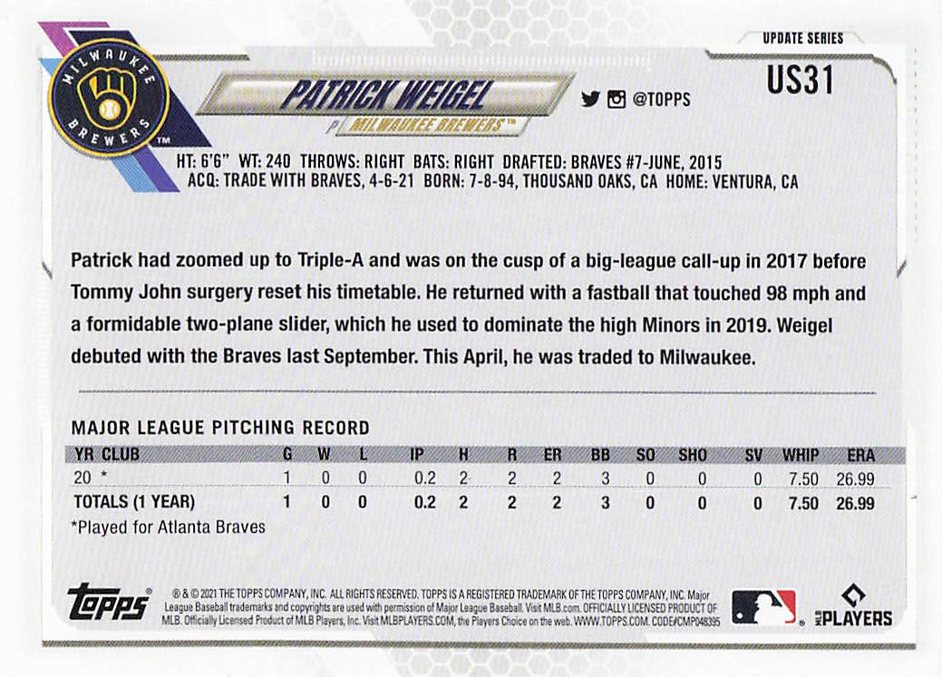 2021 Topps Update Baseball Patrick Weigel #US31 Rookie
