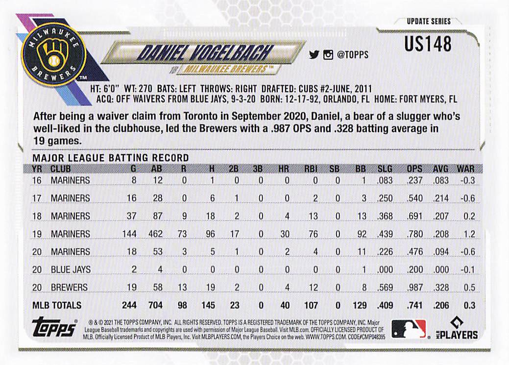 2021 Topps Update Baseball Daniel Vogelbach #US148