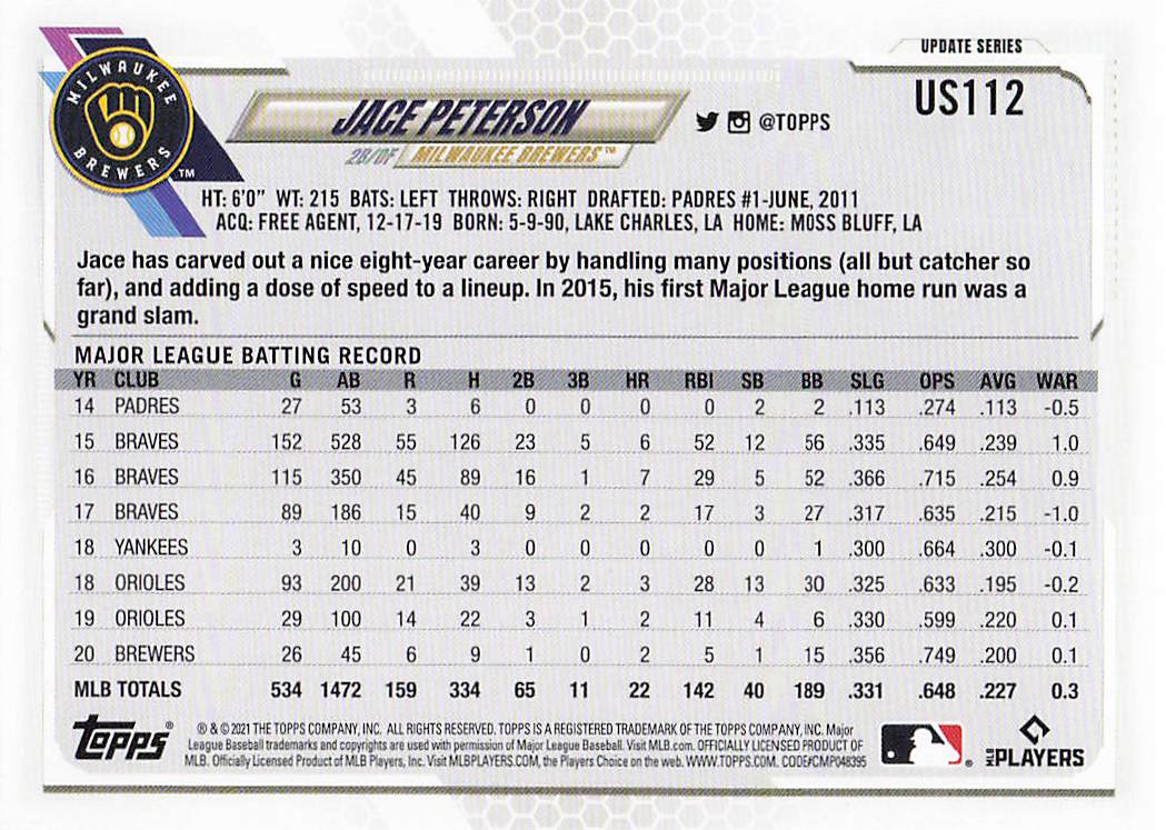 2021 Topps Update Baseball Jace Peterson #US112