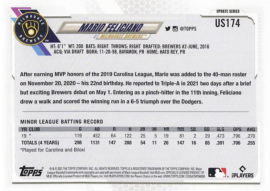 2021 Topps Update Baseball Mario Feliciano #US174 Rookie