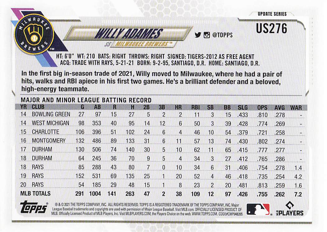 2021 Topps Update Baseball Willy Adames #US276