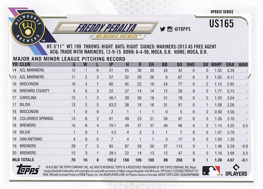 2021 Topps Update Baseball Freddy Peralta #US165