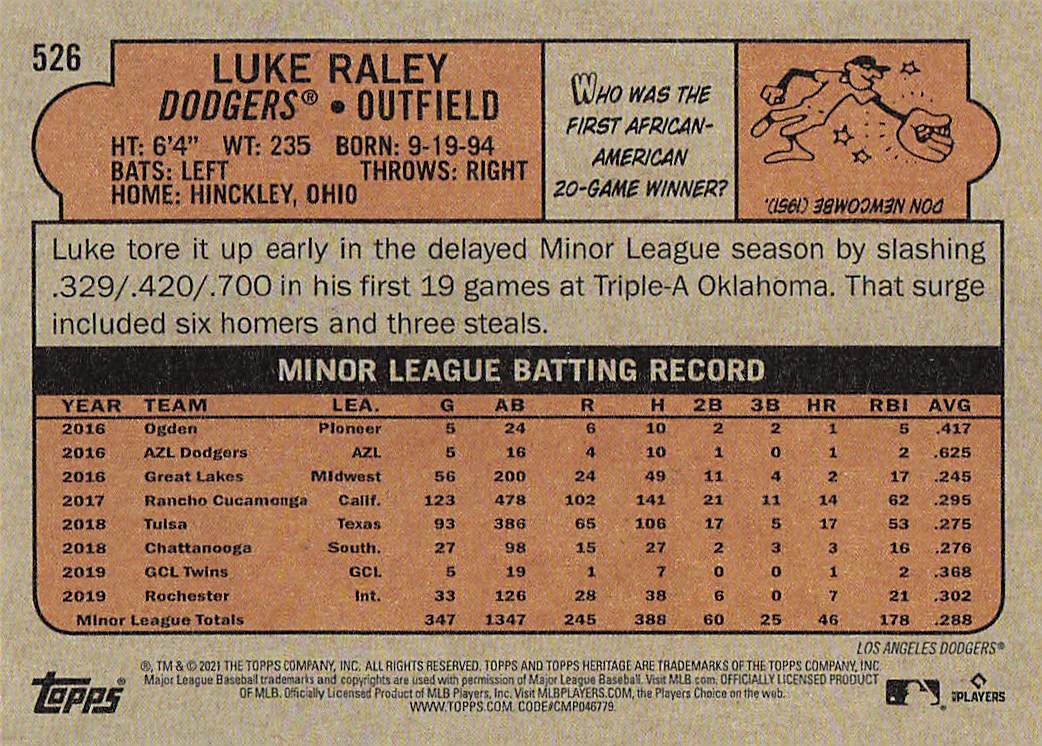 2021 Topps Heritage Baseball Luke Raley #526 Rookie