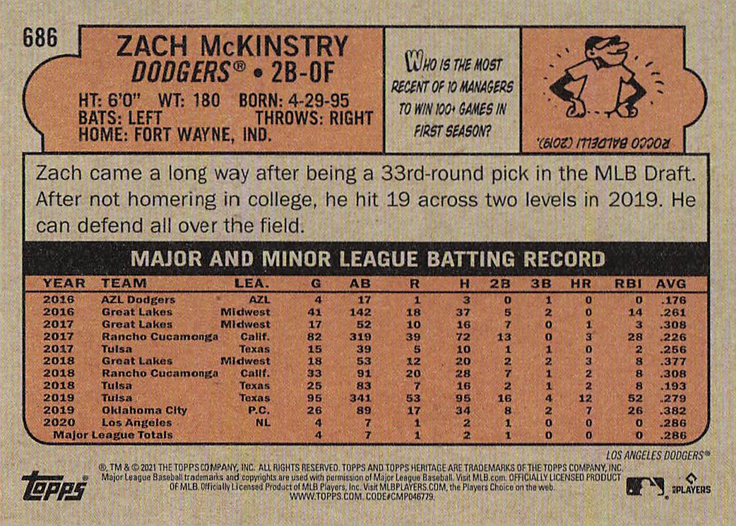 2021 Topps Heritage Baseball Zach McKinstry #686 Rookie
