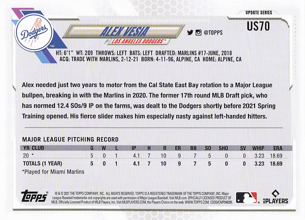2021 Topps Update Baseball Alex Vesia #US70 Rookie