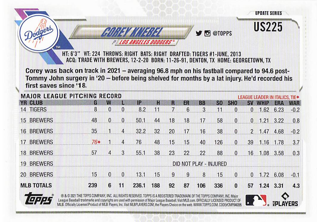 2021 Topps Update Baseball Corey Knebel #US225