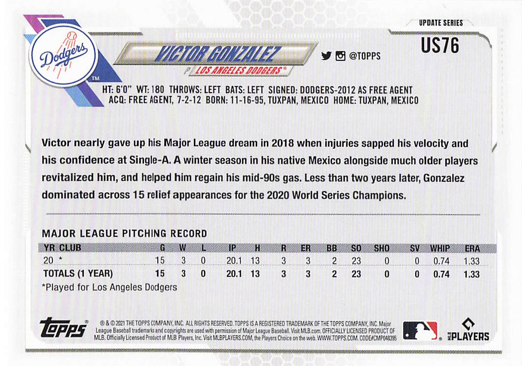 2021 Topps Update Baseball Victor Gonzalez #US76 Rookie