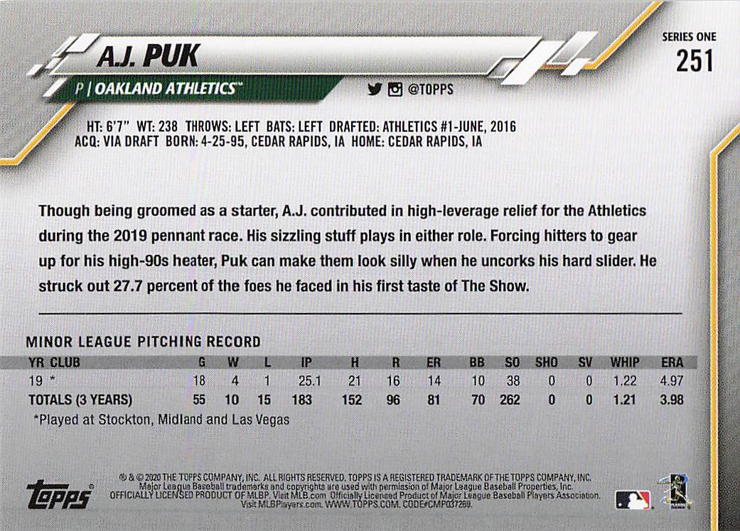 2020 Topps Baseball A.J. Puk #251 Rookie