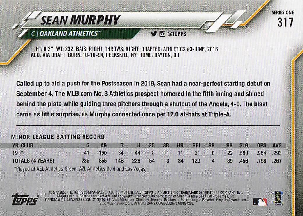 2020 Topps Baseball Sean Murphy #317 Rookie