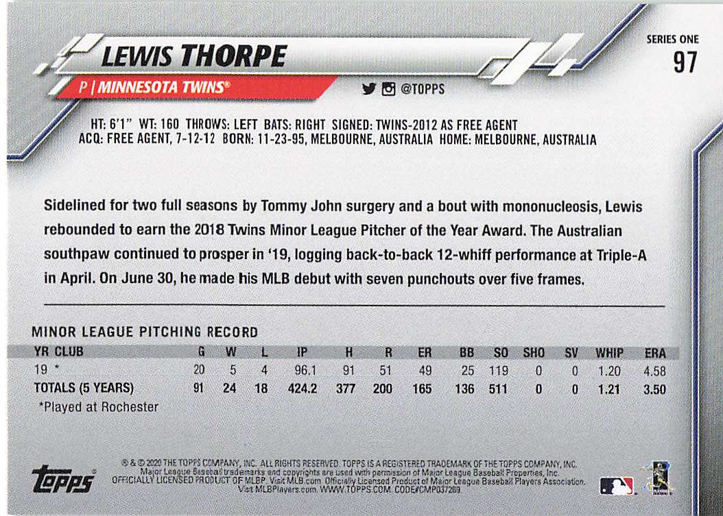 2020 Topps Baseball Lewis Thorpe #97 Rookie
