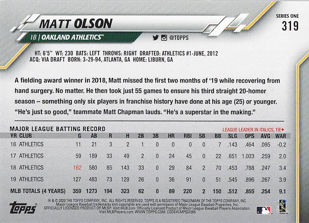 2020 Topps Baseball Matt Olson #319