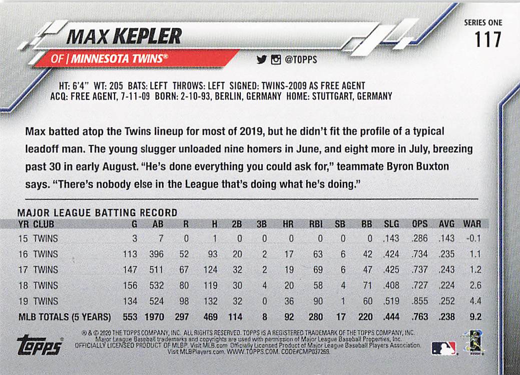 2020 Topps Baseball Max Kepler #117
