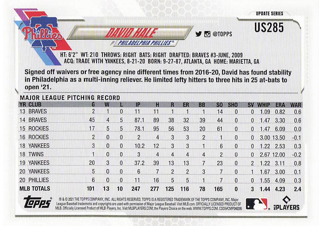 2021 Topps Update Baseball David Hale #US285b