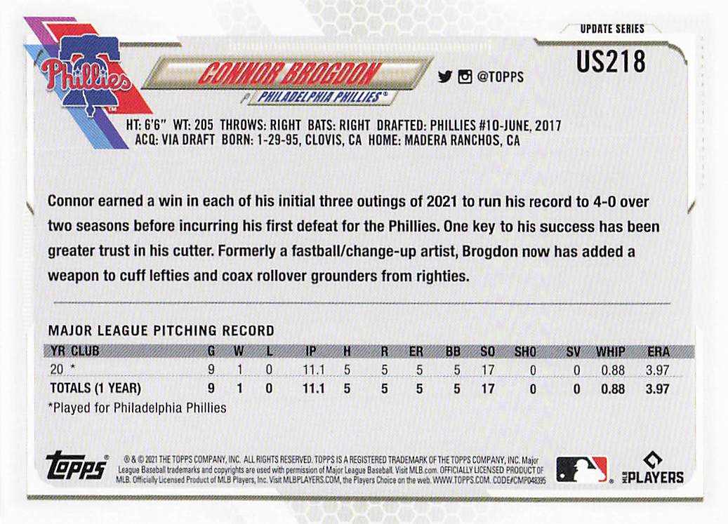 2021 Topps Update Baseball Connor Brogdon #US218 Rookie