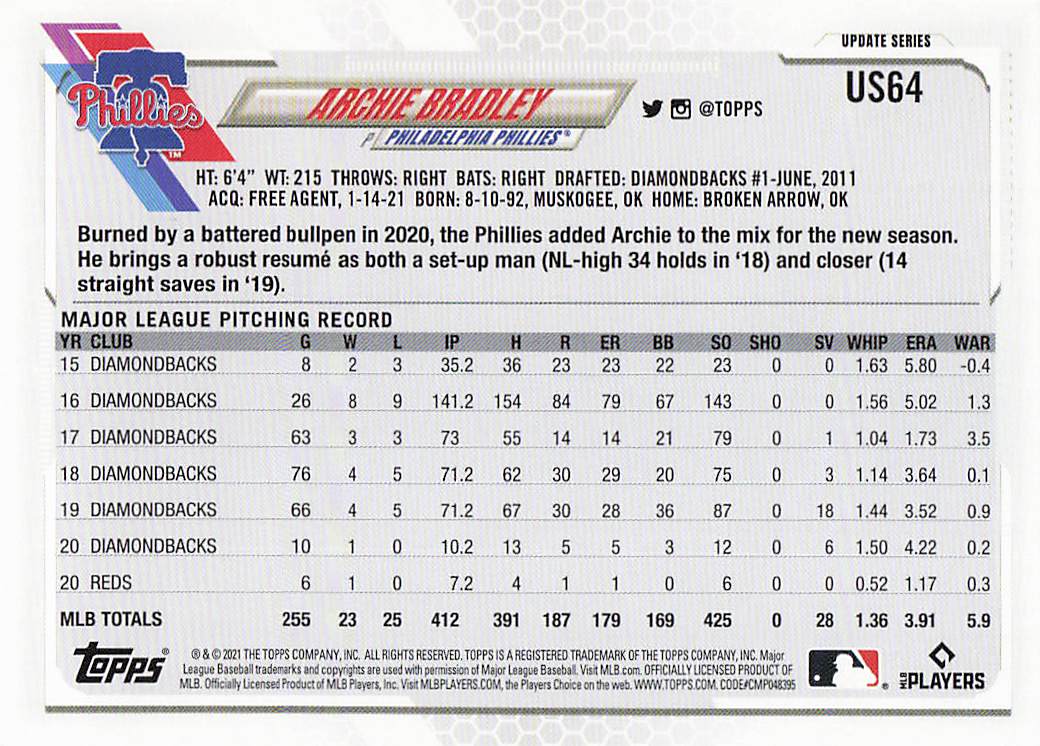 2021 Topps Update Baseball Archie Bradley #US64