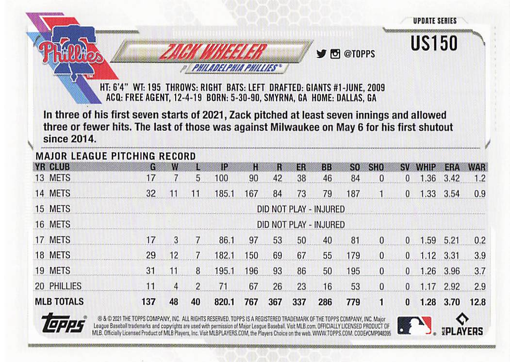 2021 Topps Update Baseball Zack Wheeler #US150