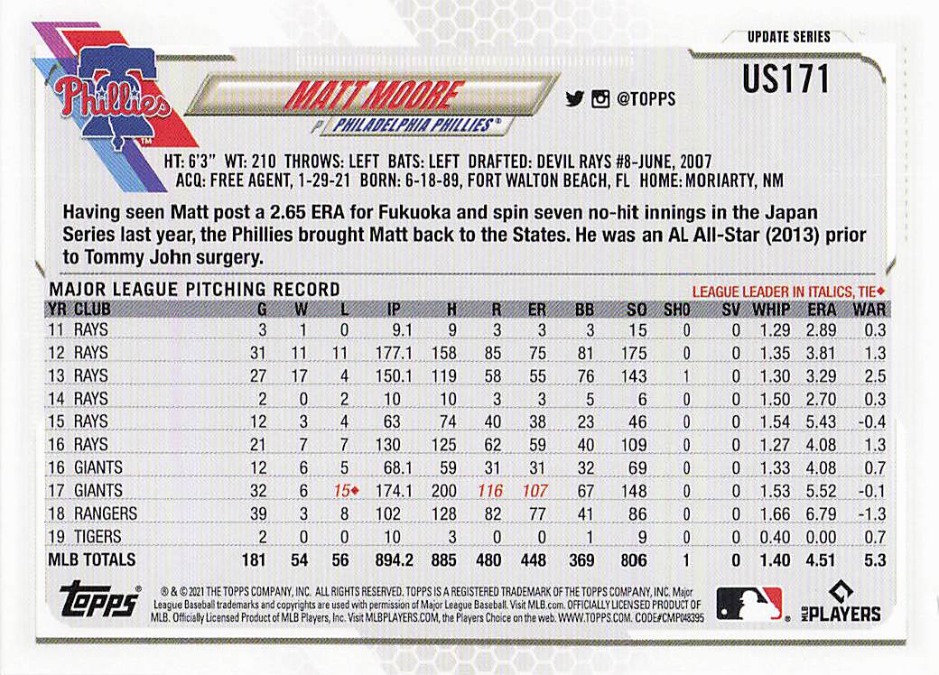 2021 Topps Update Baseball Matt Moore #US171