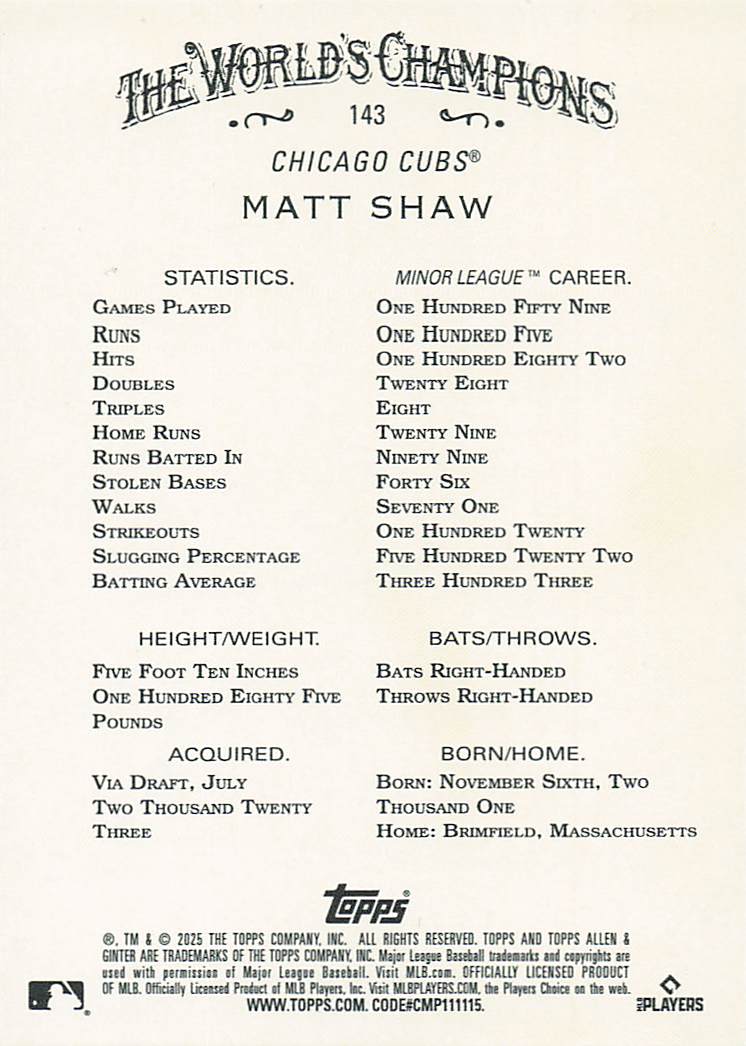 2025 Topps Allen & Ginter Baseball Silver Portrait Matt Shaw #143 Rookie