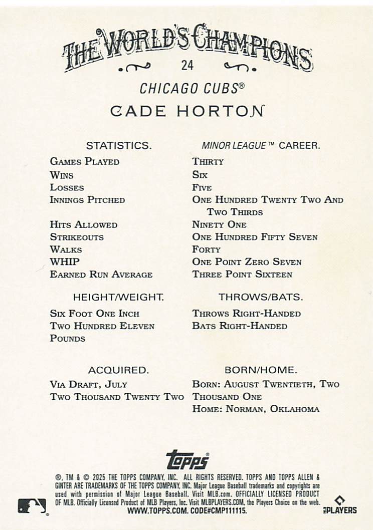 2025 Topps Allen & Ginter Baseball Silver Portrait Cade Horton #24 Rookie