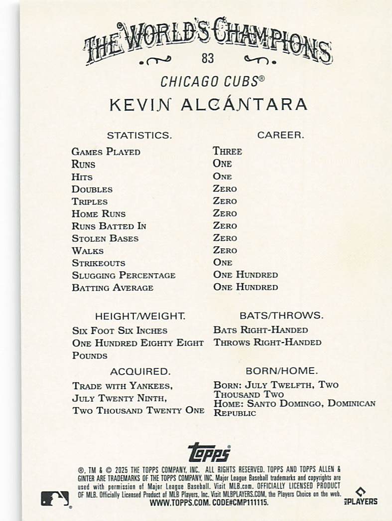 2025 Topps Allen & Ginter Baseball Silver Portrait Kevin Alcántara #83 Rookie