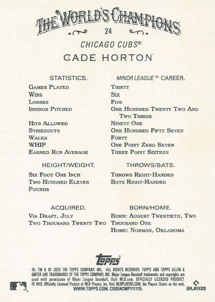 2025 Topps Allen & Ginter Baseball Cade Horton #24 Rookie