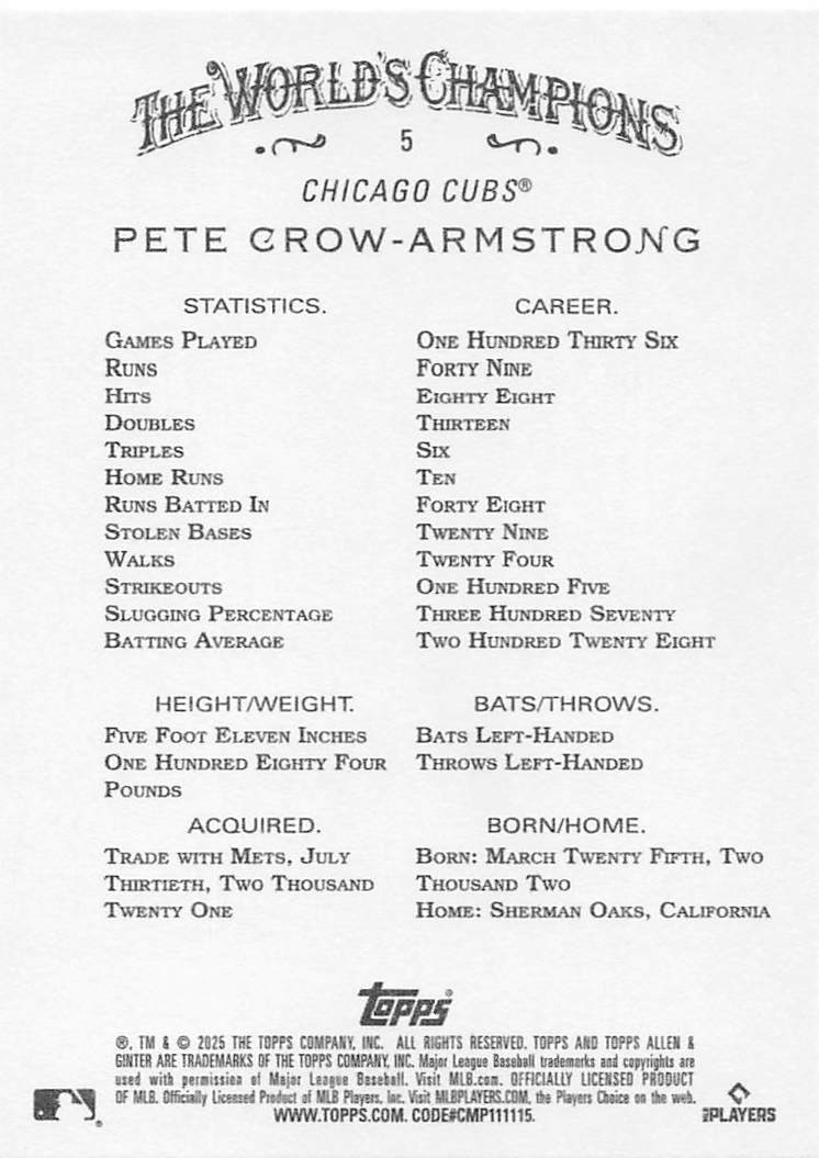 2025 Topps Allen & Ginter Baseball Pete Crow-Armstrong #5