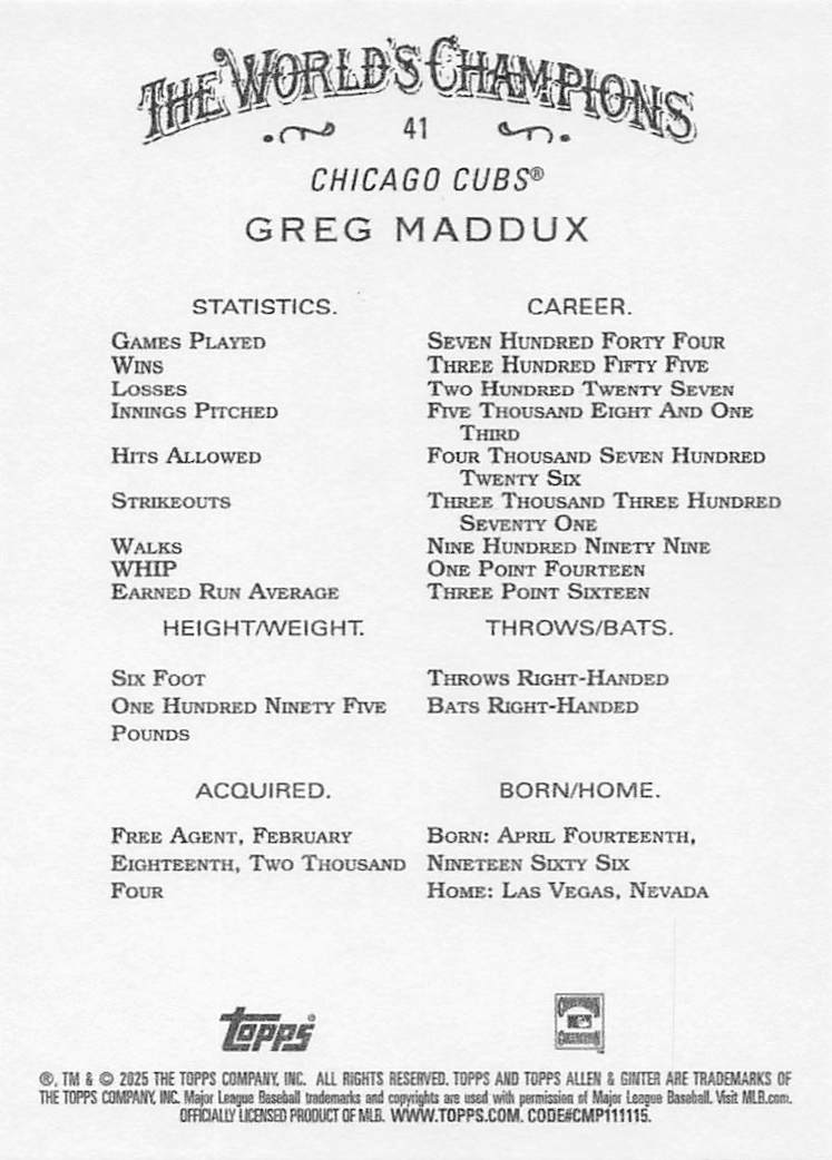 2025 Topps Allen & Ginter Baseball Greg Maddux #41