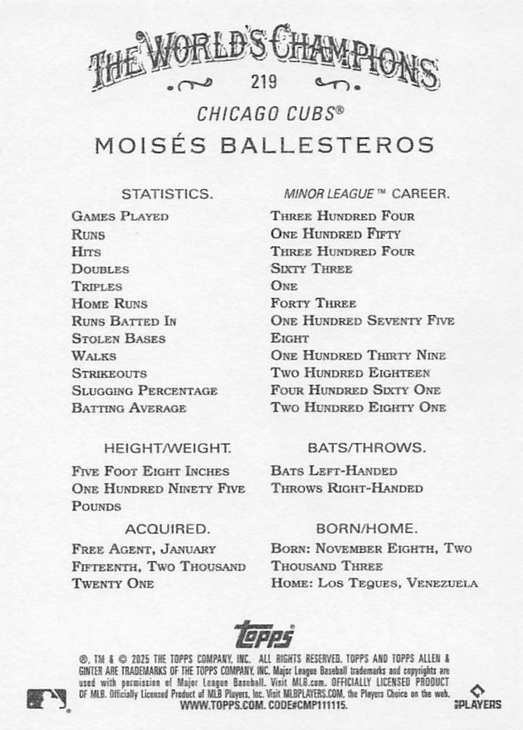 2025 Topps Allen & Ginter Baseball Moisés Ballesteros #219 Rookie