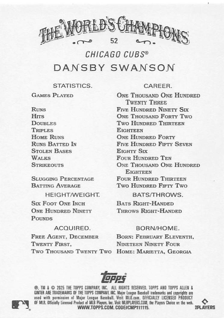 2025 Topps Allen & Ginter Baseball Dansby Swanson #52