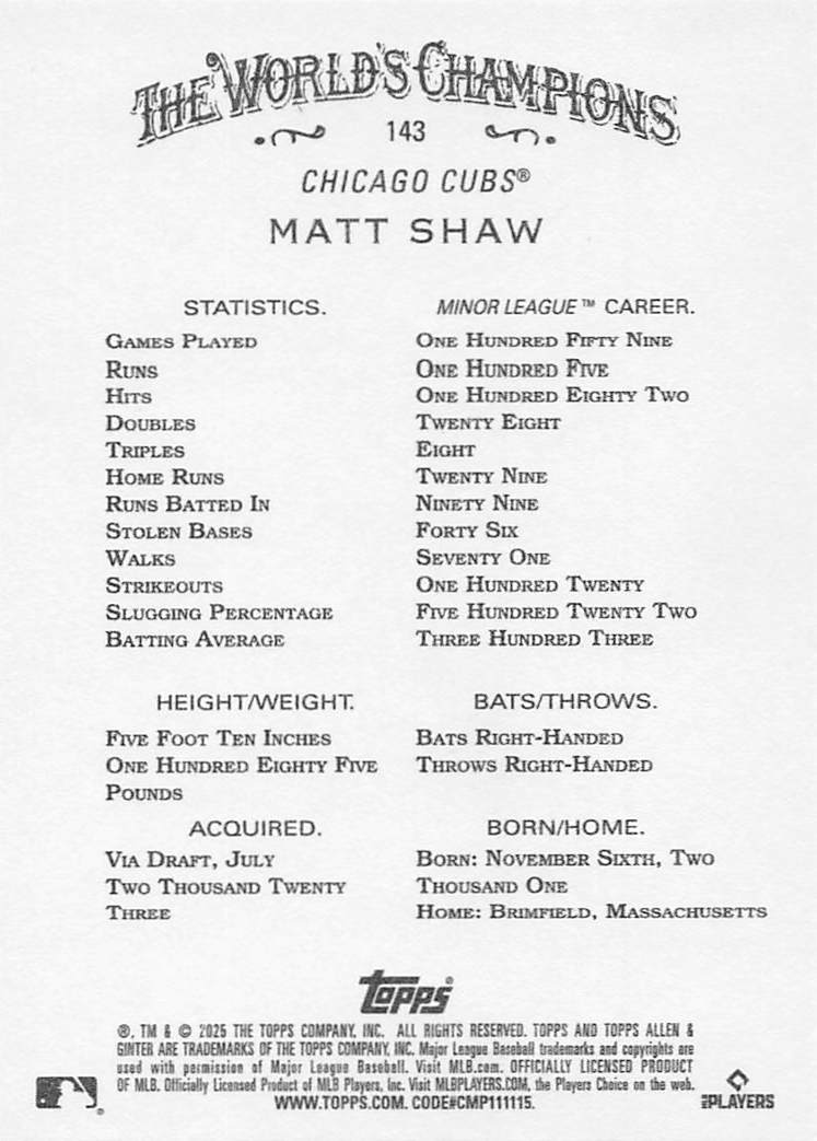 2025 Topps Allen & Ginter Baseball Matt Shaw #143 Rookie