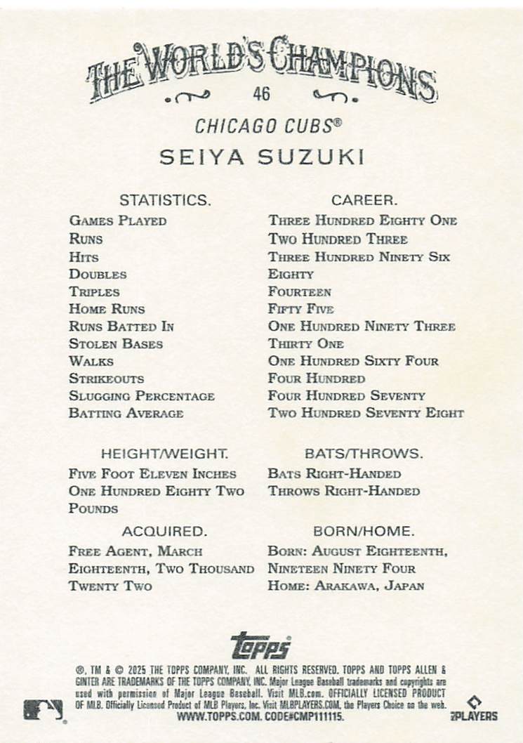 2025 Topps Allen & Ginter Baseball Seiya Suzuki #46