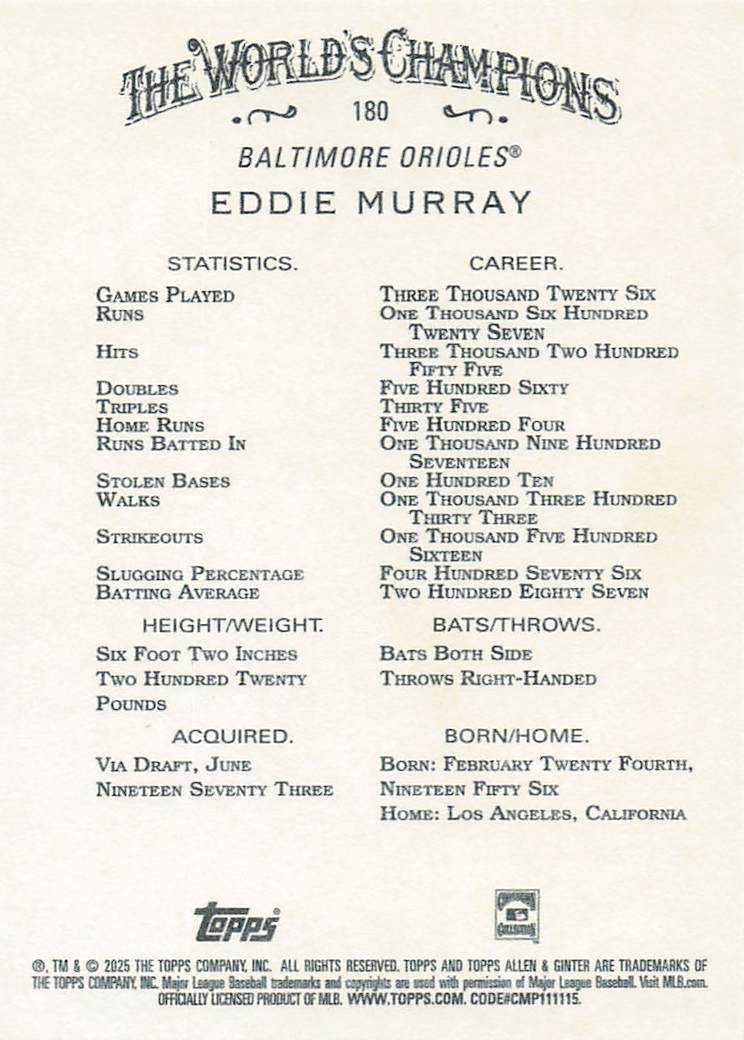 2025 Topps Allen & Ginter Baseball Eddie Murray #180